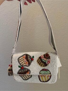 Viral Cupcake Dessert Beaded Shoulder Bag w/Charm NWT